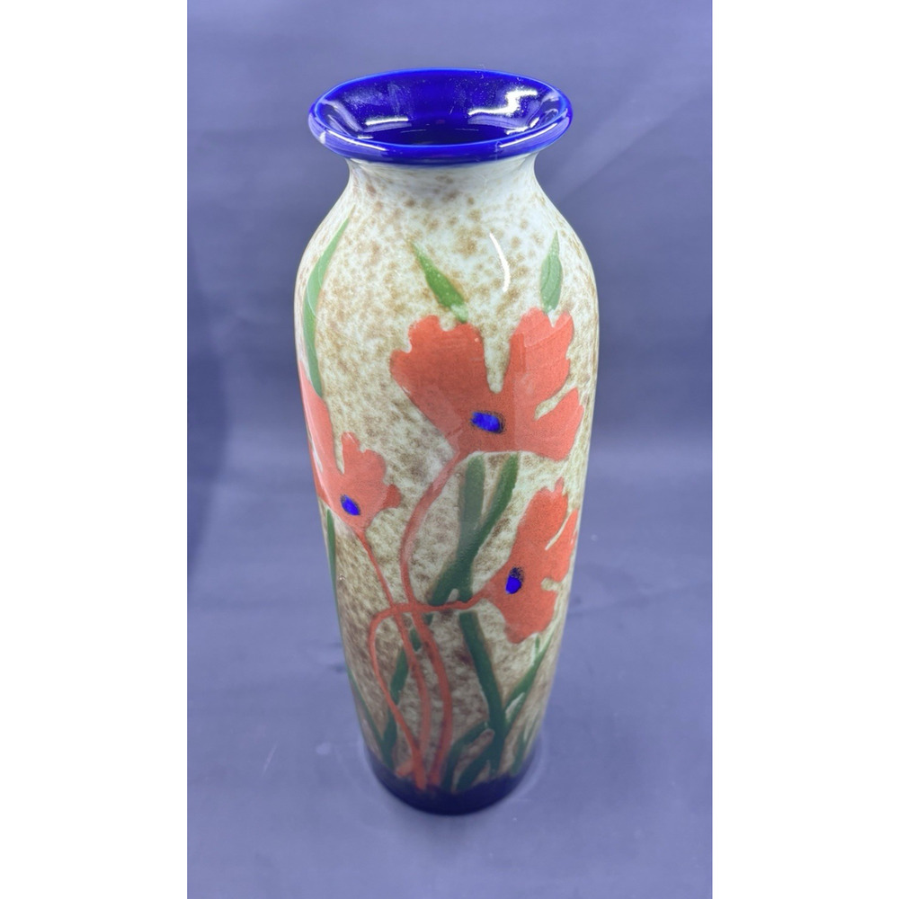 Vintage hand painted 10 in vase with poppies, art deco. flowers, ceramic, pier1?